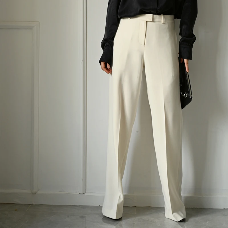 Mimiuitmoins7 White Triacetate Office Lady Solid Spring Summer High Waist Female Wide Leg Pants Loose Trousers For Women Suit