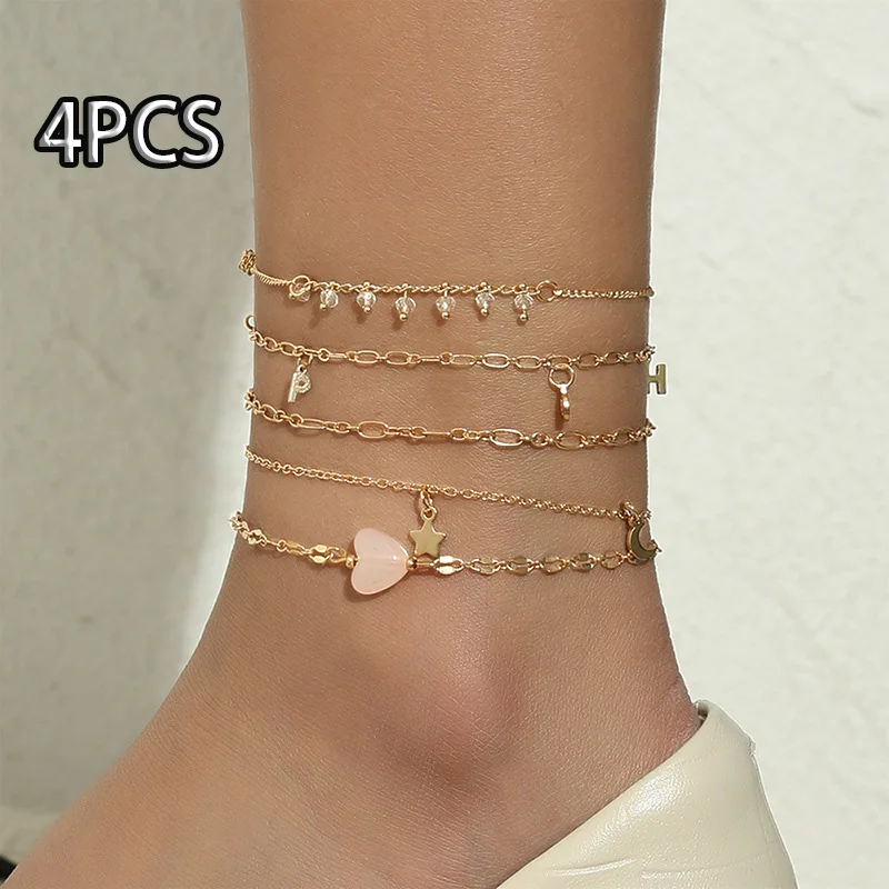 

4pcs/set Bohemian Star Heart Anklets for Women Trendy Moon Tassel Feet Chain Gold Alloy Tassel Anklet Fashion Jewelry Party Gift