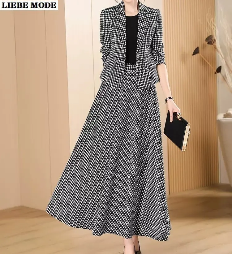 Women Plaid Grey Long Sleeve Short Blazers and High Waist Long Midi Skirt Vintage Houndstooth 2 Piece Sets Female Elegant Suit