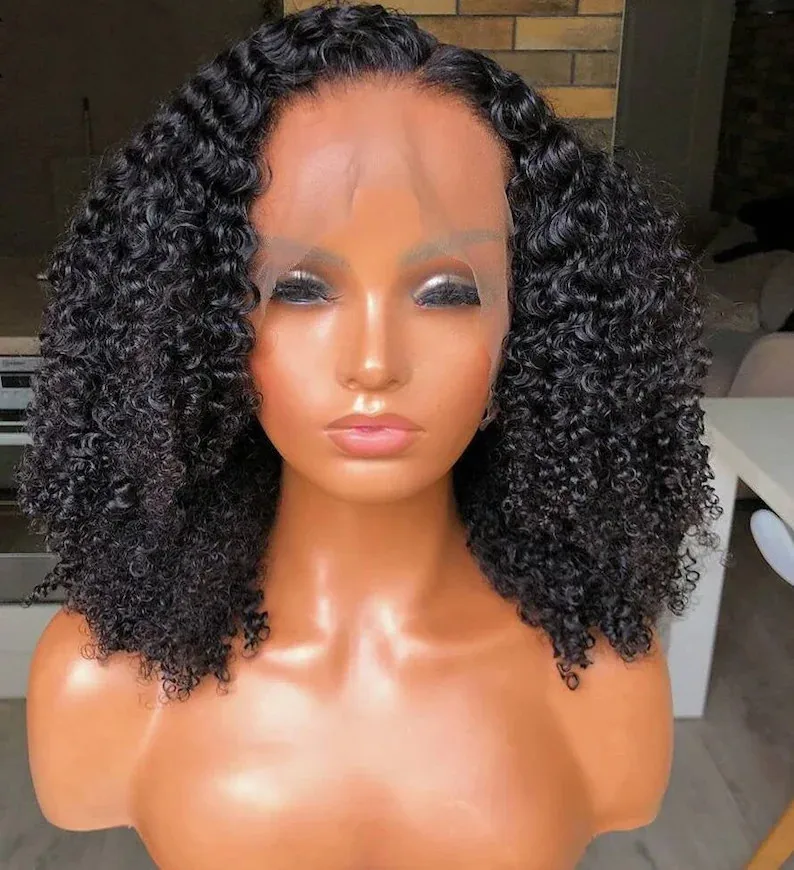 

Blunt Short Bob 180 Density Kinky Curly Lace Front Wig For Women With Babyhair PrePlucked Natural Black Soft Glueless