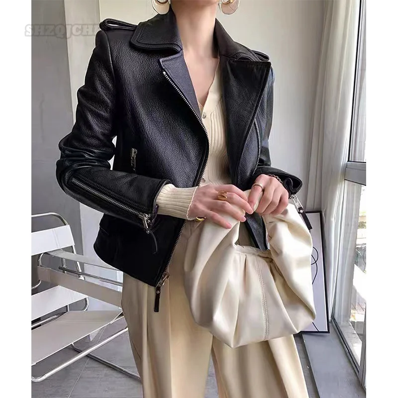 

2022Autumn Fashion New Women's Leather Sheepskin Jacket genuine leather Temperament Lapel Zipper Short Fit Ladies Black Coat