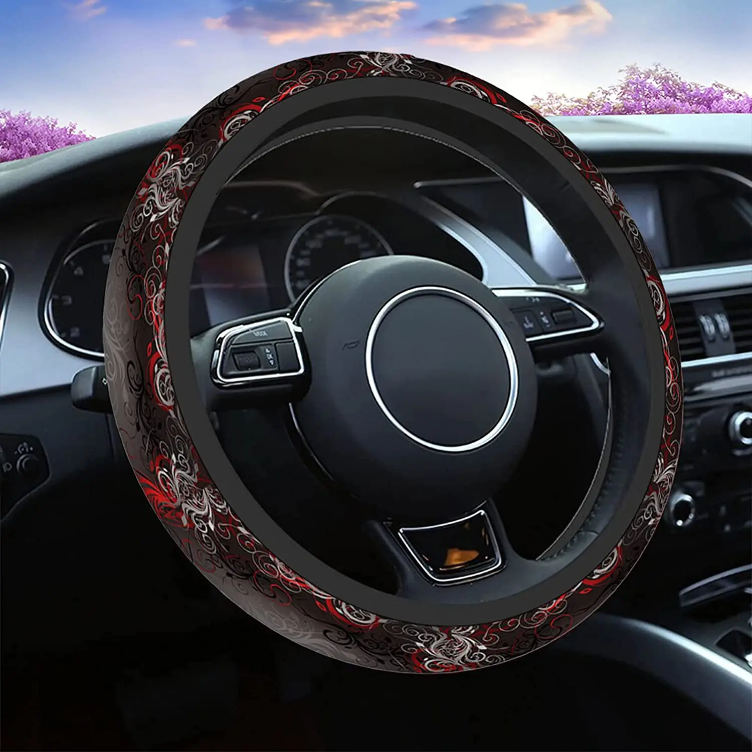 

Чехлы рулевого колеса автомобиля красный черный цветочный красивый цветочный на границе Креативный дизайн универсальный для большинства седанов фургонов внедорожников