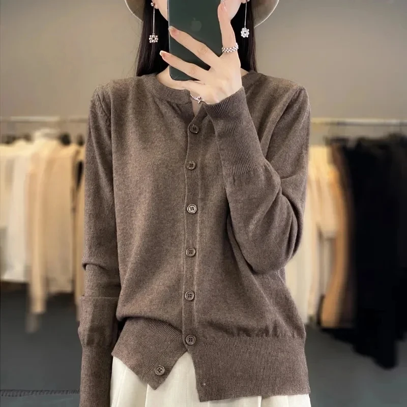Женский однобортный Кардиган с круглым вырезом однотонный вязаный кашемировый