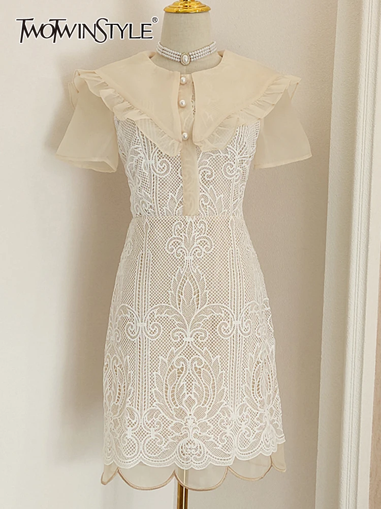 

TWOTWINSTYLE Embroidery Dress For Women Sailor Collar Short Sleeve High Waist Lace Panel Mini Dresses Female Summer Clothing New