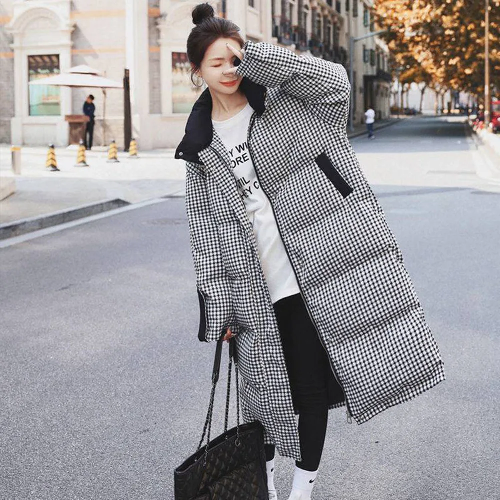 

Winter Long Warm Womens Down Cotton Jackets Ultra Light Coat Houndstooth Spring Loose Stand Collar Thicken Casual Parka Coats
