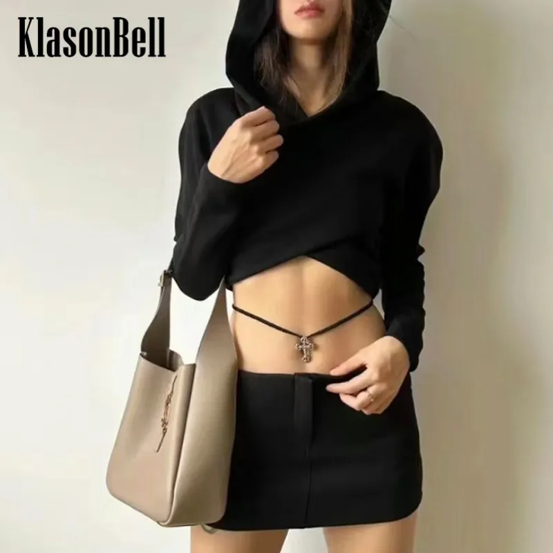 

8.24 KlasonBell Black Fashion Criss-Cross V-Neck Shoulder Pads Hooded Sexy Crop Knitwear Top Women