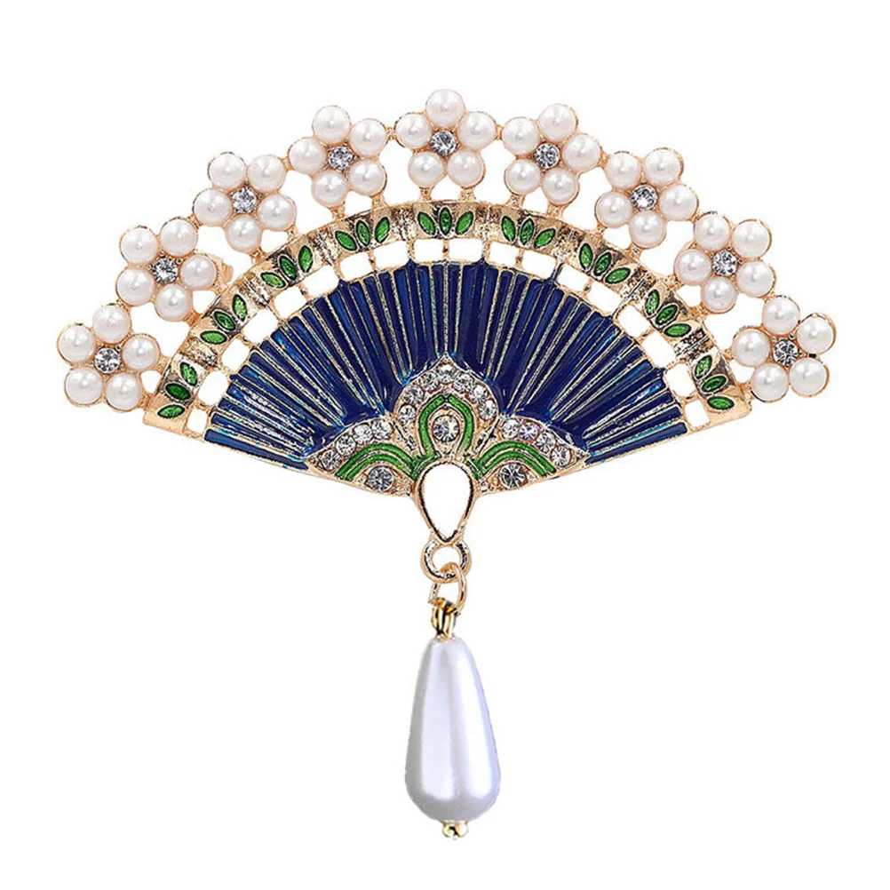 

Pin Brooch Chinese Enamel Vintage Lapel Badge Retro Clothes Style Jewelry Classical Pearl Rhinestone Accessories Fan Corsage