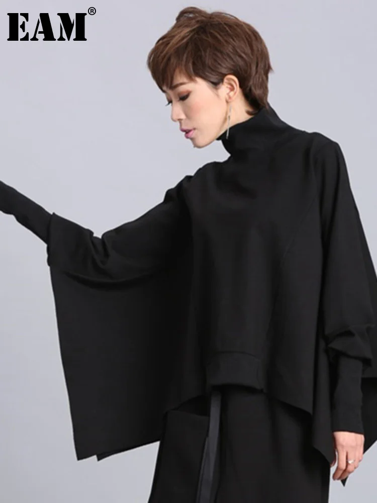 

[EAM] Loose Fit Black Asymmetrical Big Size Sweatshirt New Turtleneck Long Sleeve Women Big Size Fashion Tide Spring 2022 OA869