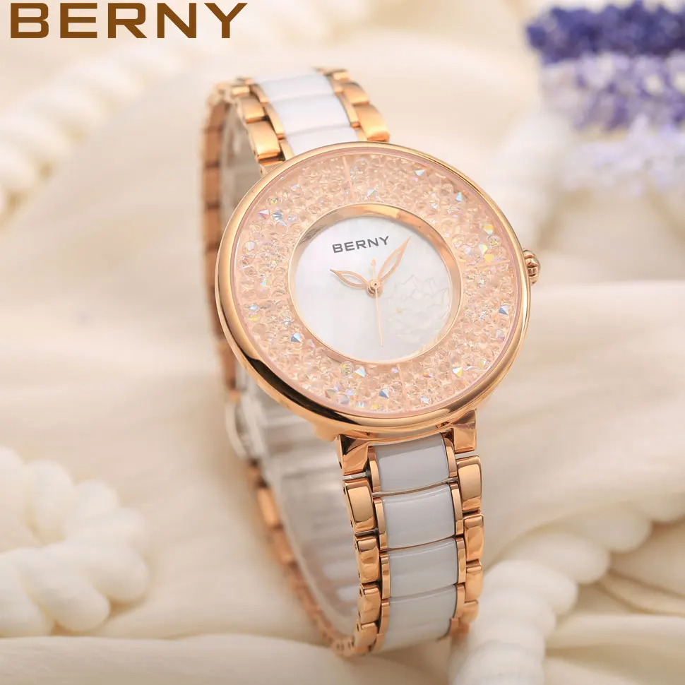 BERNY Quartz Ladies Watch Luxury Exquisite Crystal Wristwatch Women's Clock Waterproof Quality Movement Corrosion Resistance