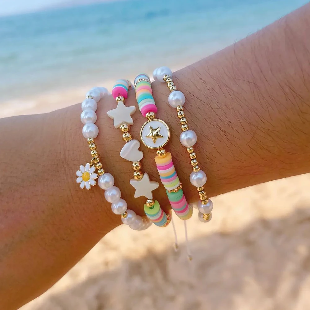 

Summer Beach Jewelry Pearl Charm Bracelet Shell Star Heart Daisy Flowers Beaded Handmade Bracelets for Women Teen Girl Pulsera