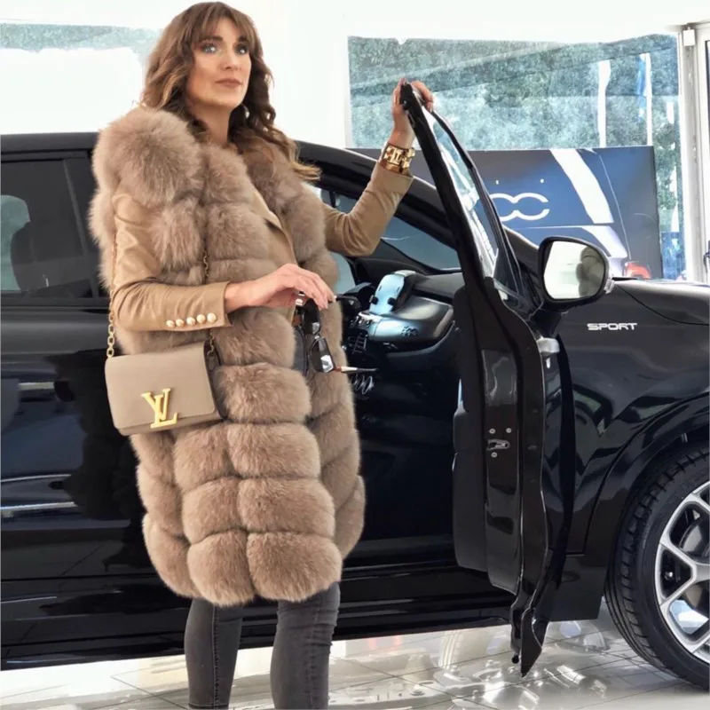Winter Natural Real Fox Fur Vest Coat Genuine Fur Waistcoat Female Sleeveless Vest Long 88cm Plus Size 7XL Coats Gilet Jacket