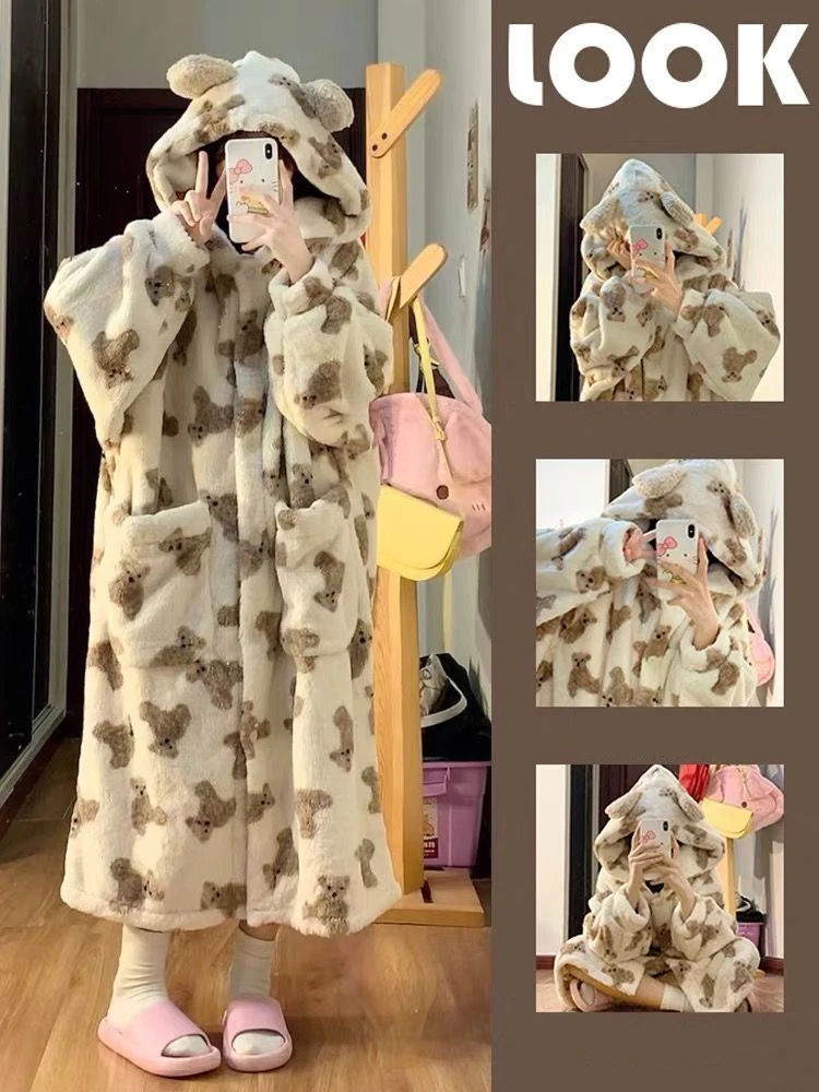 

Kawaii Coral velvet Nightgown Women's clothing Winter Y2k New Sweet Cartoon Flannel Housewear Harajuku Long Bathrobe Nightgowns