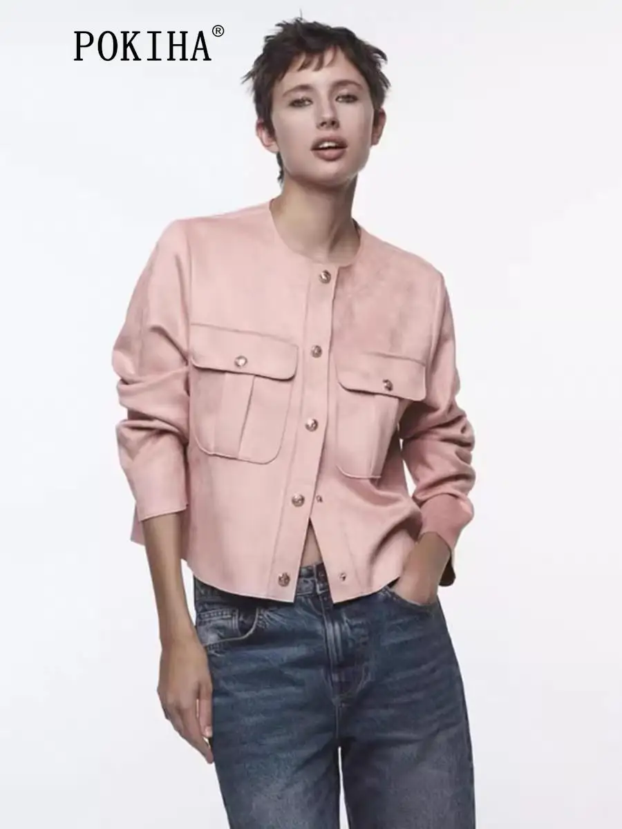 

Pokiha Fashion Women New Elegant Side Pockets Cropped Jacket Coat Vintage Long Sleeve Front Button Female Outerwear Chic Tops