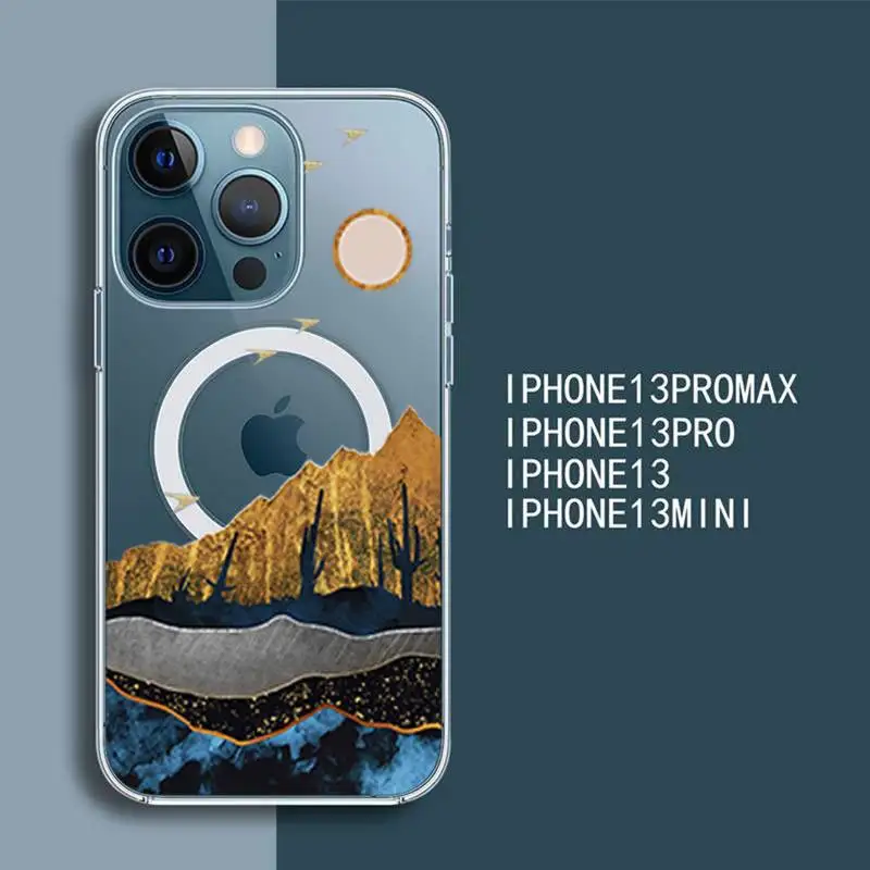 

mountain landscape painting Phone Case For iPhone 13 12 Mini Pro Max transparent Super Magnetic MagSafe Cover