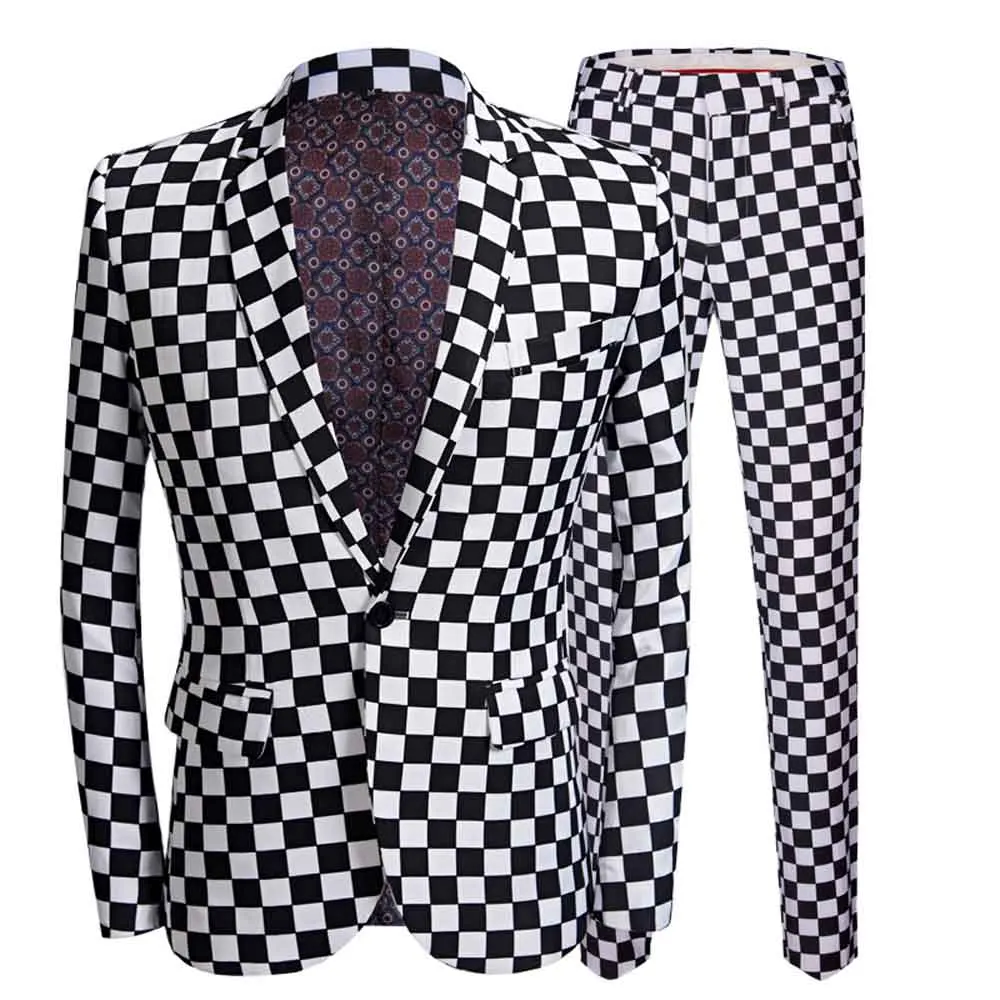 New Men's Checkerboard Blazer Suit Jacket Men's White Black Plaid Print Coat Casual Men Blazer Men Clothing