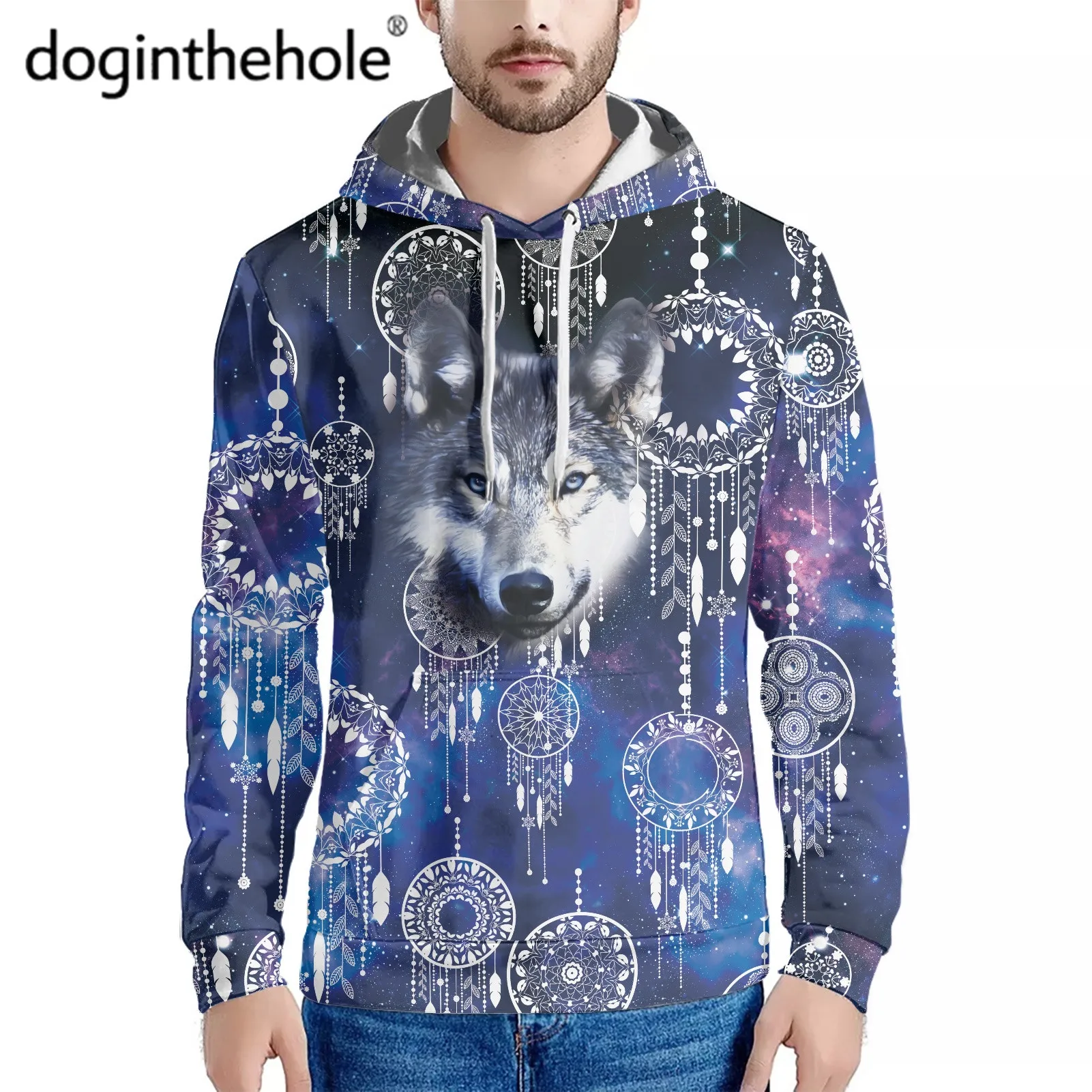 

Doginthehole Men Casual Hoodies Autumn Long Sleeve Hoodies Wolf Dreamcatcher Galaxy Printed Pullovers Oversized Sweatshirt 2022