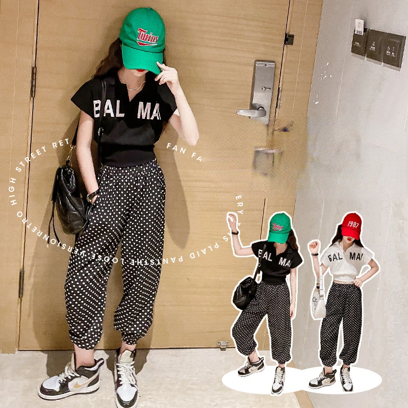 

Summer small fresh suit 2022 girls letter polo collar top polka dot mosquito repellent pants two-piece children's clothing