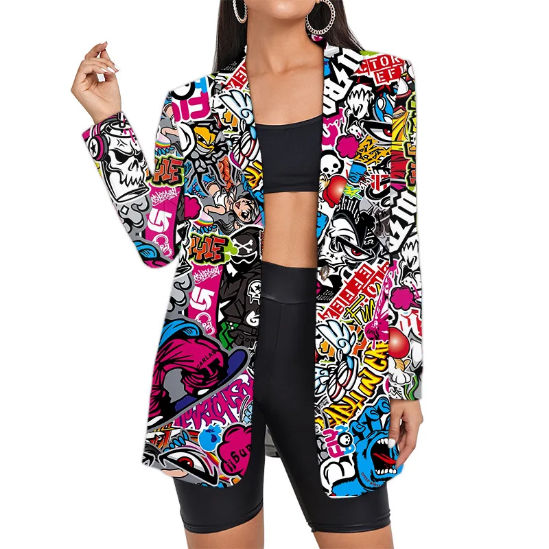 

Custom Hip Hop Long Woman Suits Jacket Wholesale Oversized Streetwear Graffiti Blazers Women's Suit Office Clothing Lady Clothes