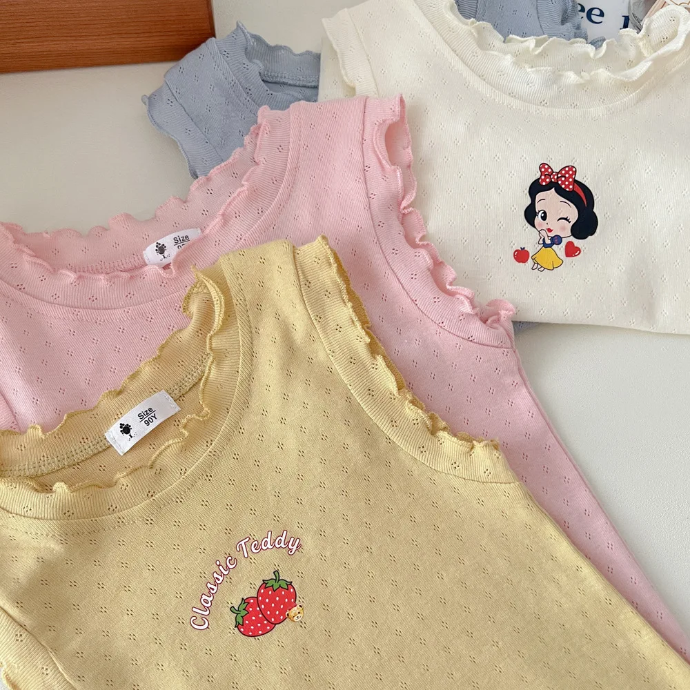 2023 Summer New Girls Breathable Vest Cute Baby Cartoon Prrint Sleeveless Loose Tank Top Kids Minnie Mouse Elsa Princess T-shirt images - 6