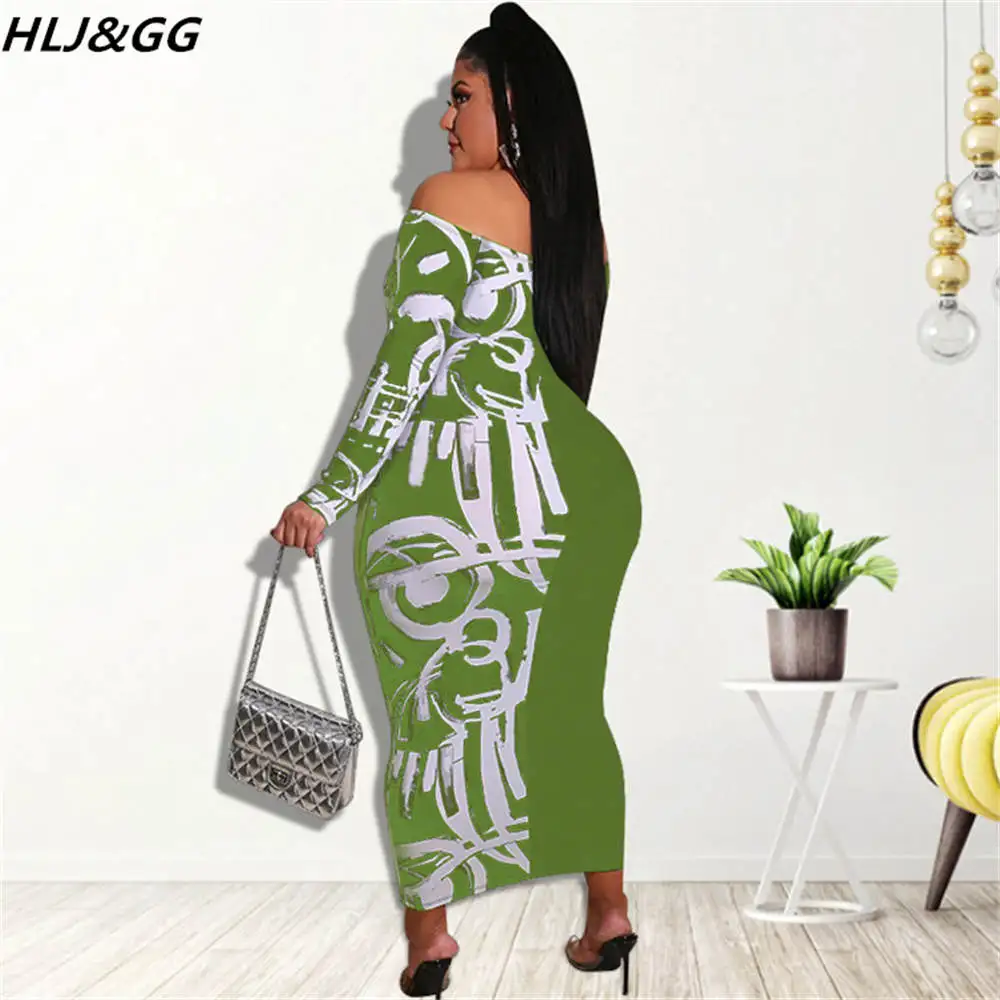 HLJ&GG Sexy Off Shoulder Long Sleeve Bodycon Mid Dresses Plus Size Women Graffiti Print Dress Fashion Female Streetwear Vestidos