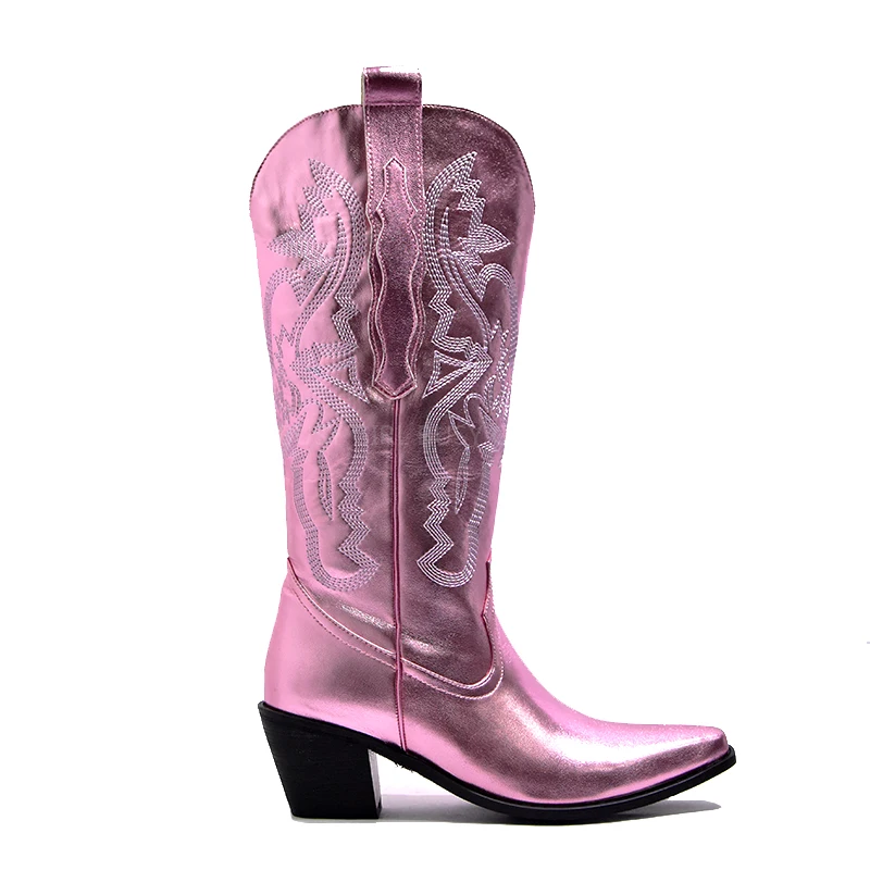 Pink embroidered solid color net red with the same western cowboy boots 43 size white mid-tube rider boots