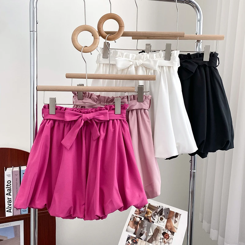 

Strap Bow High Waist Thin Lantern Flower Bud Wide Leg Shorts Casual Shorts Women's 2022 Summer New Fashion Womans Cute Shorts