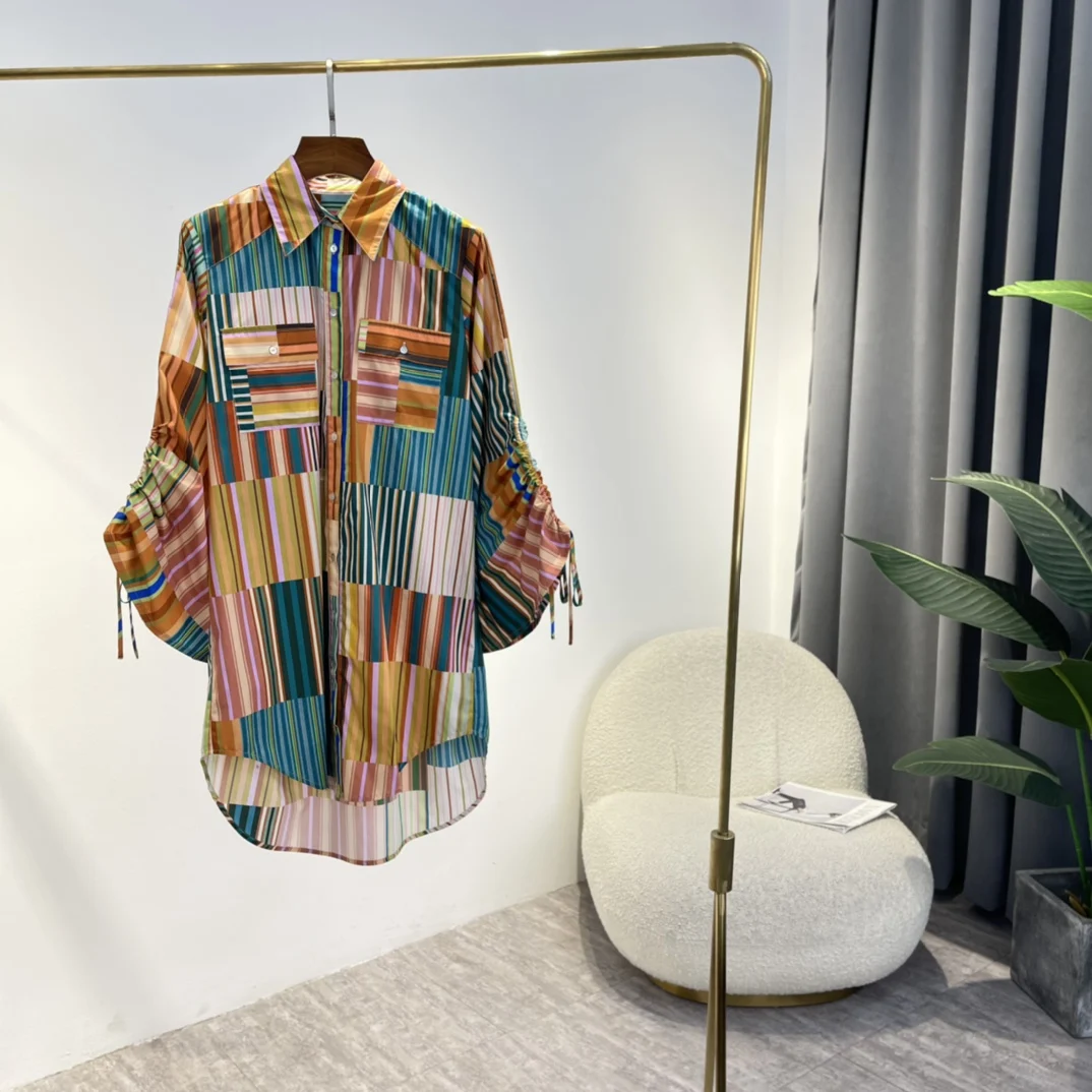 Special Design Latest Summer Autumn Ladies 2022 Drawstring Sleeves Multicolor Plaid Stripes Patchwork Asymmetric Loose Blouses