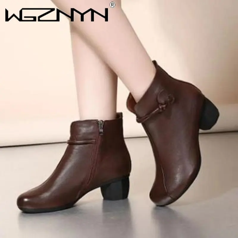 

Autumn Winter Daily Outside Trekking Shoes Women's Ankle Boots Solid Black Brown Genuine PU Leather Moccasins Casual Boot Shoes