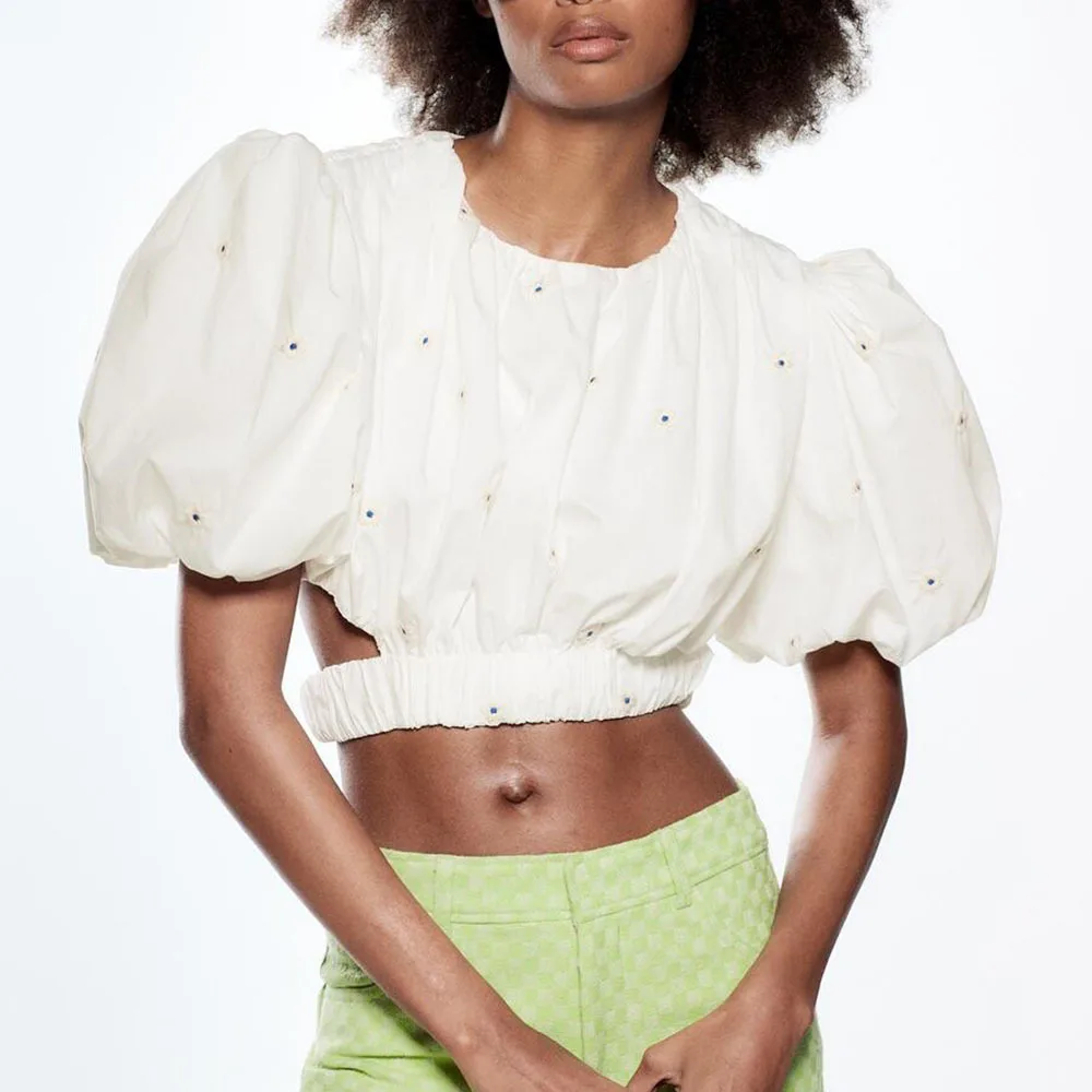 

Spring new women's embroidered poplin short shirt top