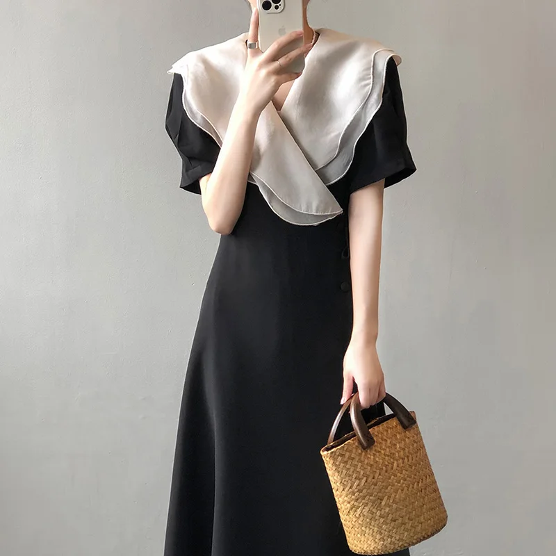 

Женское платье средней длины, Элегантное летнее платье в Корейском стиле с воротником в виде листьев лотоса и короткими рукавами-фонарикам...