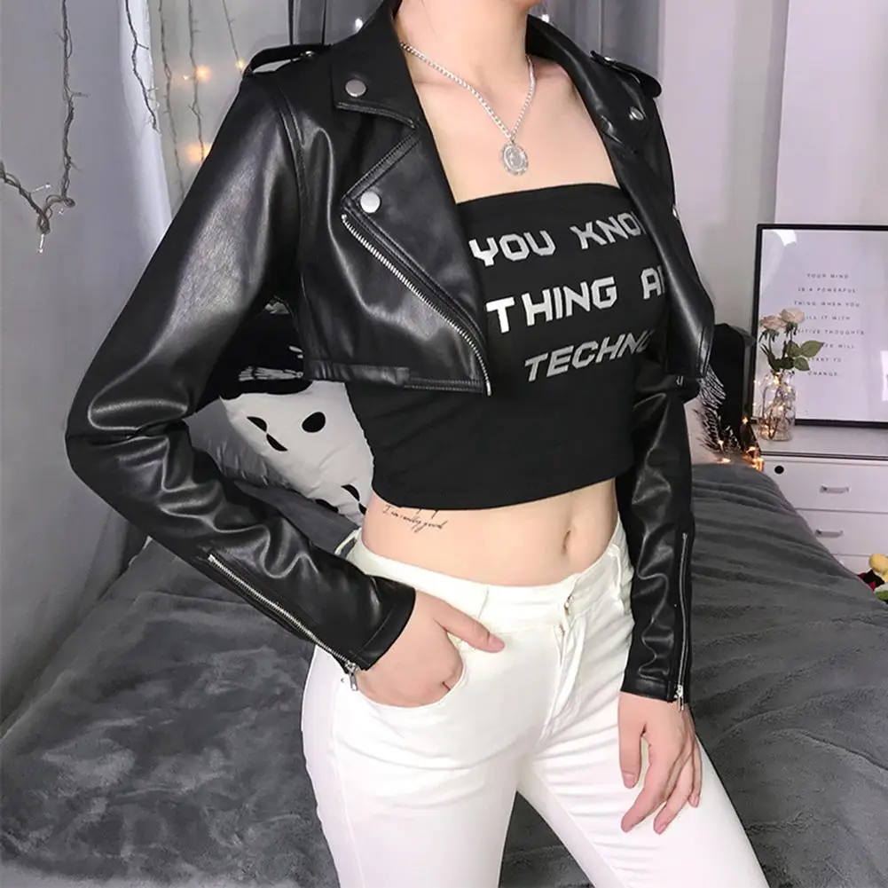 2021 Women PU Leather Soft Slim Jacket Classic Faux Leather Rivet Zipper Short Motorcycle Jackets Cool Outerwear Black Punk Emo