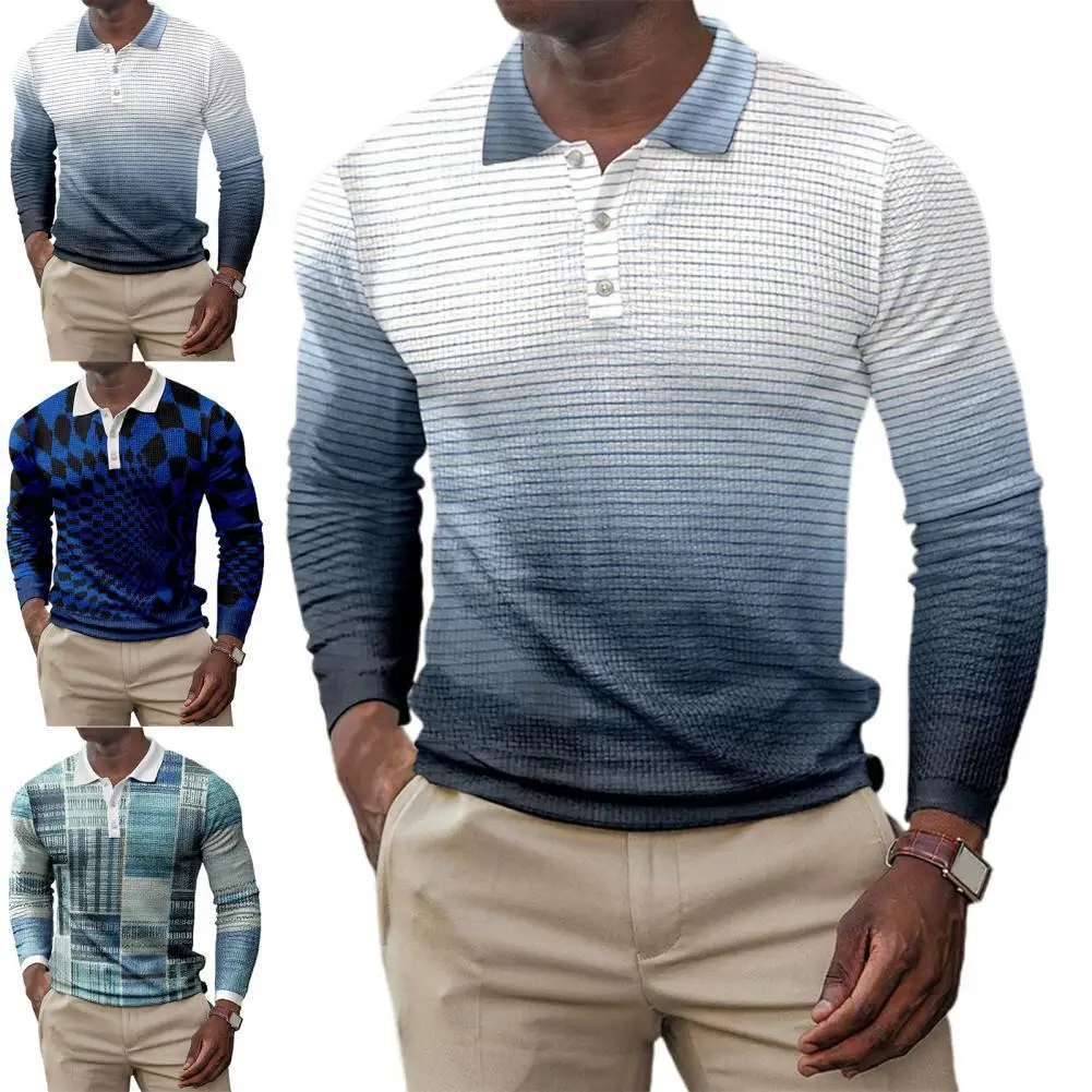 

Autumn Men's Polo Shirt Gradient Color Turn-down Collar Casual Pullover Handsome Long Sleeve Polo Shirt for Office Streetwear