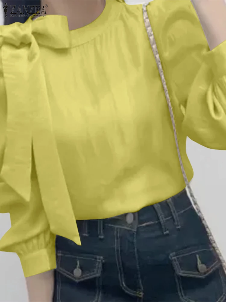 Летняя Блузка ZANZEA 2024 с пышными длинными рукавами элегантная женская однотонная