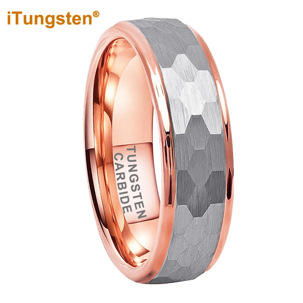 

iTungsten 6mm 8mm Rose Gold Hammered Tungsten Ring Men Women Wedding Band Trendy Jewelry Two Tone Stepped Edges Comfort Fit