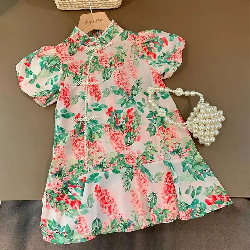 Children's Floral Cheongsam Dress Summer Girls Chinese Style Hanfu Baby Girl Dress Retro Tang Dress