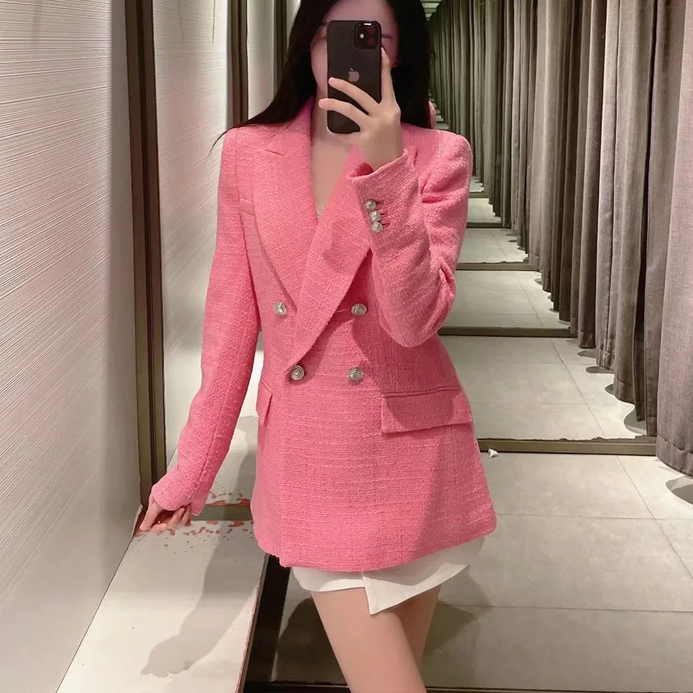 

Women's 2022 Fashion New Textured Blazer Casual Double Breasted Decorative Long Sleeve Retro Solid Color Female Chic Jacket