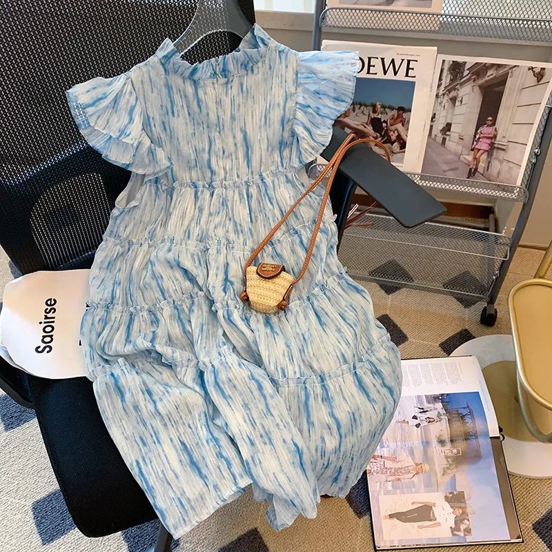 

Женское шифоновое платье без рукавов, голубое нежное приталенное платье-ниша с летящим рукавом, уличная одежда, Новинка лета 2022