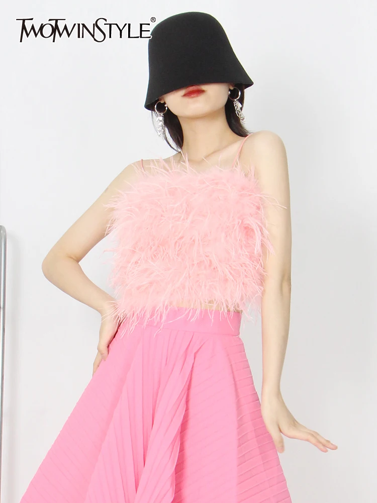 Женский топ с перьями TWOTWINSTYLE однотонный без рукавов квадратным воротником