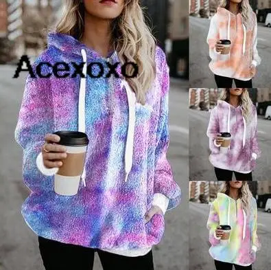 

New European autumn/winter hoodie, tie-dye zip-up collar pocket long sleeve fluffy wool