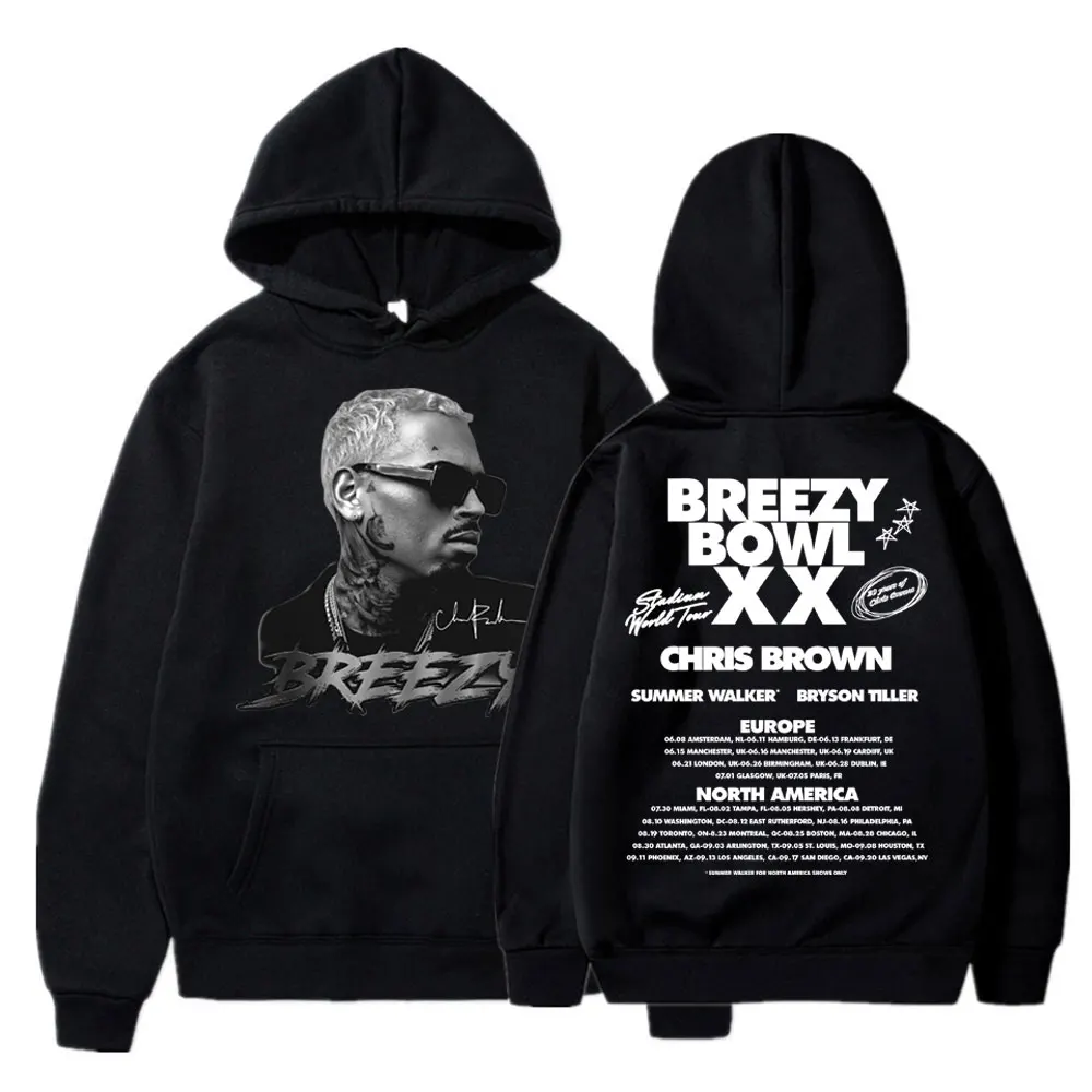 Фото Chris Brown Breezy Bowl XX 2025, толстовка с капюшоном для концертного тура в стиле хип-хоп, ретро, мужская и женская толстовка, флисовый теплый пуловер большого размера, уличная одежда №1