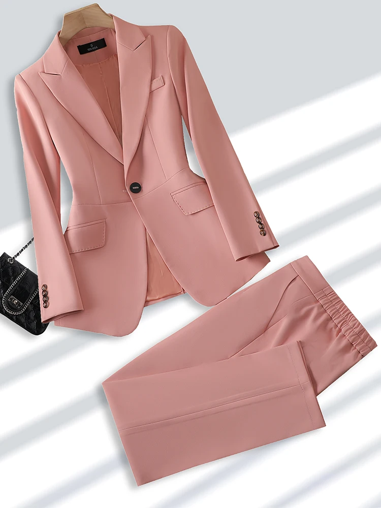 Women Formal Pant Suit Beige Khaki Pink Ladies Blazer Jacket +Trouser Fashion Office Business Work Wear 2 Piece Set