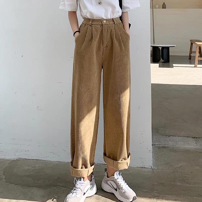 

Vintage Corduroy Women Pants Elastic High Waist Straight Autumn Female Loose Trousers Korean Cute Button Ladies Pants