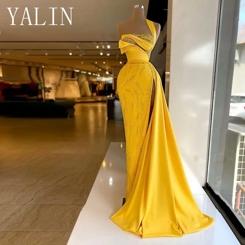 

Yellow Chiffon Evening Gown Sequined Mermaid Heart Neck One-Shoulder Slim Fit Prom Dress High Quality rrobes de soirée