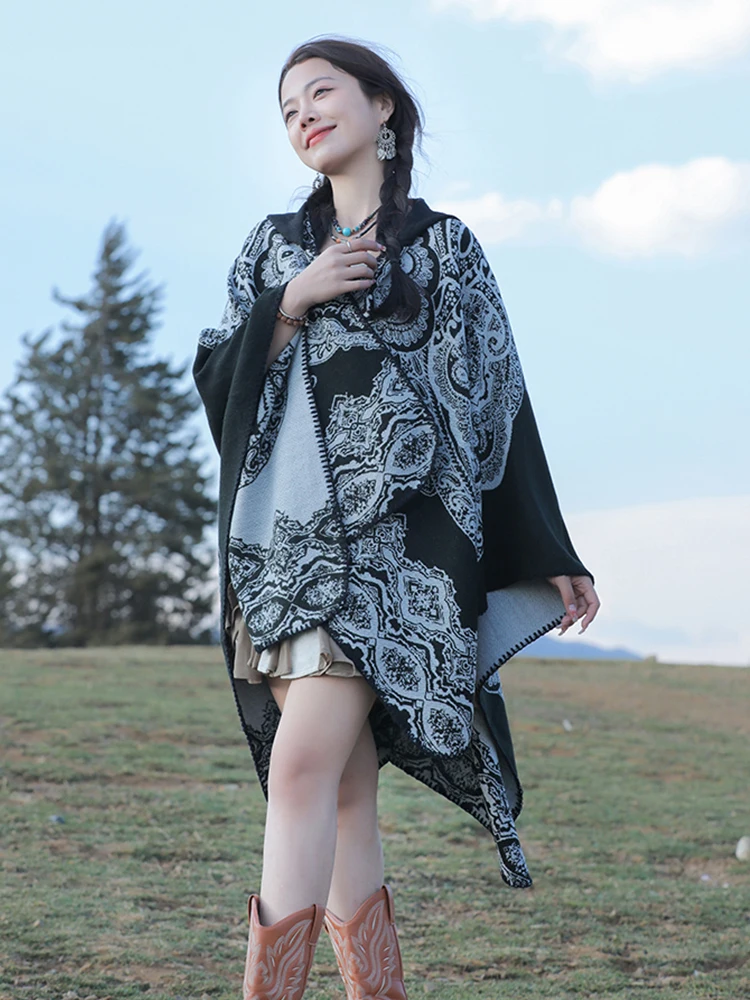 Новый осенне-зимний ретро-шарф женское пончо с капюшоном теплое цветочным
