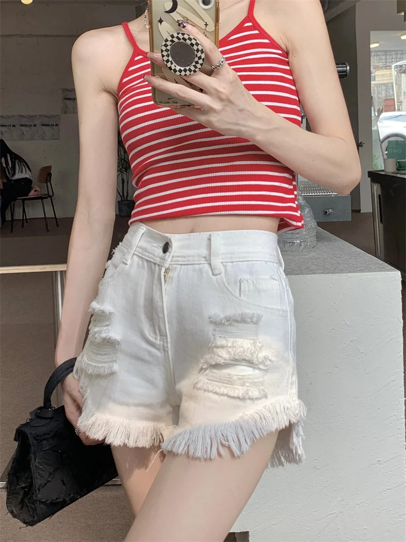 GDZS Summer Women's Casual Fashion Hole Denim Shorts streetwear Korean High Waist Blue A-line Pants Ladies Sexy Pocket Short