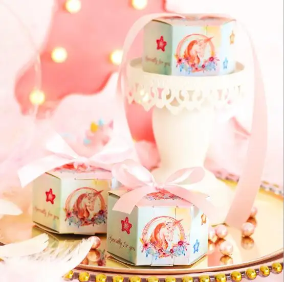 

100pcs Creative Pink Unicorn Hexagonal Star Wedding Favors Candy Boxes Party Supplies Chocolate Box Paper Gift Box