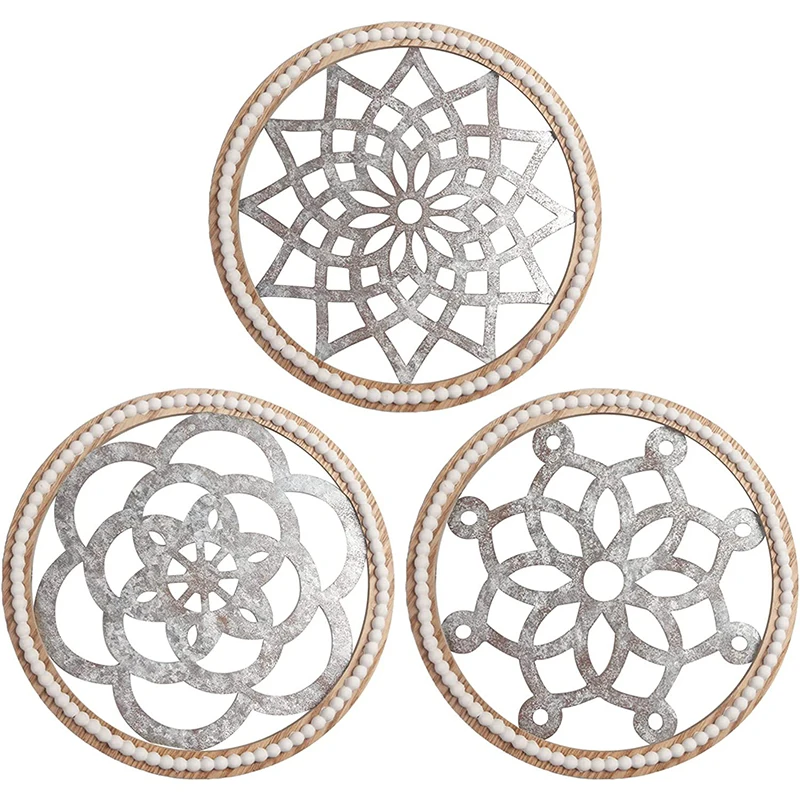

Bohemian Vintage Patterned Wooden Frame Wall Hanging Wrought Iron Log Frame Wall Hanging Circular Iron Wall Hanger