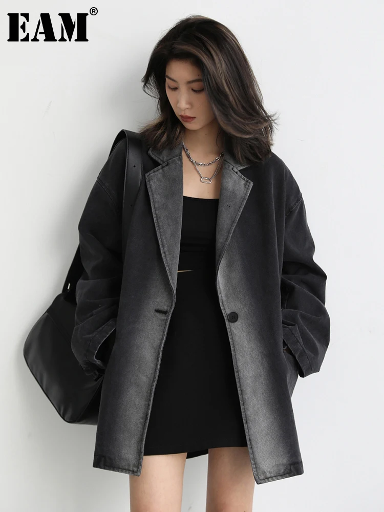 

[EAM] Loose Fit Dark Gray Denim Big Size Casual Jacket New Lapel Long Sleeve Women Coat Fashion Tide Spring Autumn 2022 1DE9680