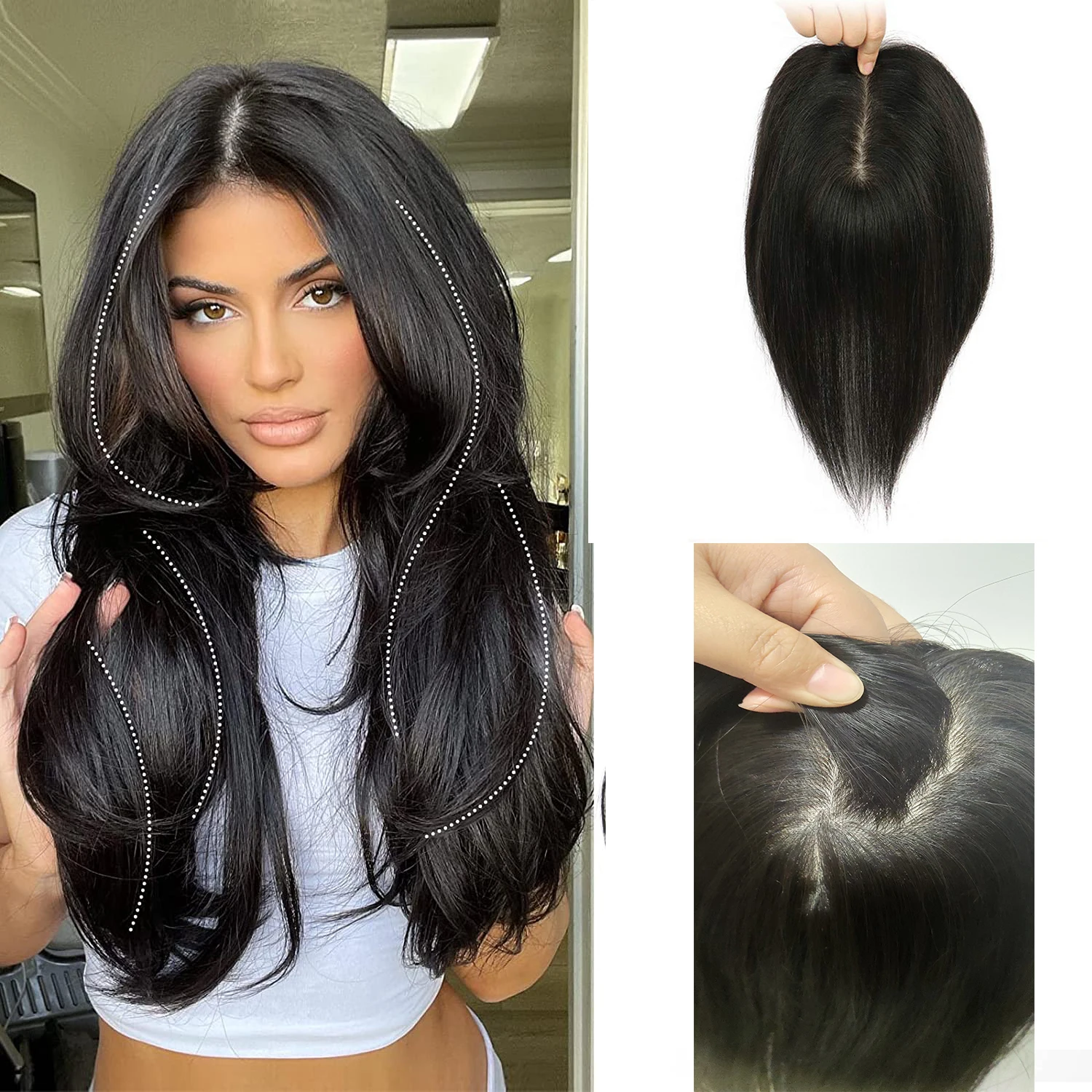 12x13CM Clip In Virgin Human Hair Toupee for Women Fine Hair Pieces Natural Skin Scalp Top Silk Base Topper to Hide Bald White