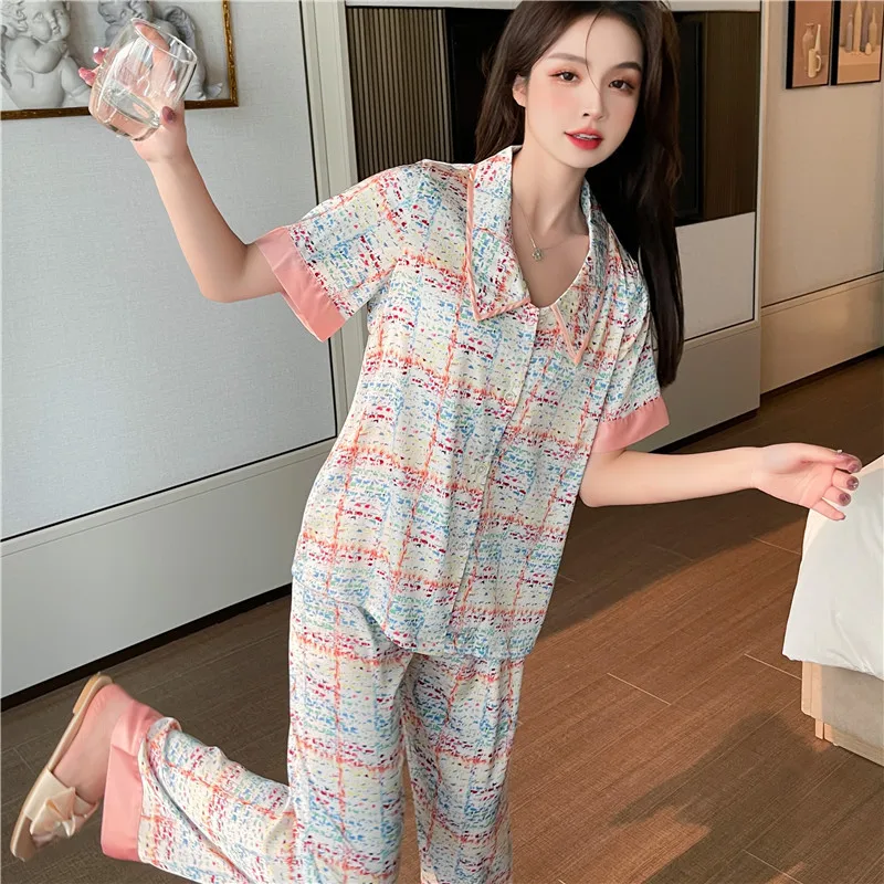 Summer Women's Ice Silk Short Sleeve Trousers Button Cardigan Pajamas Sets Inlaid Color Classic Style Sweet Elegance Houndstooth